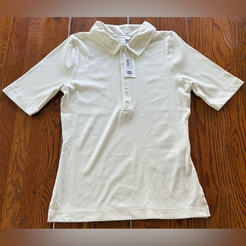 🆕 SPANX Cream Ribbed Polo Top - Picture 1 of 8
